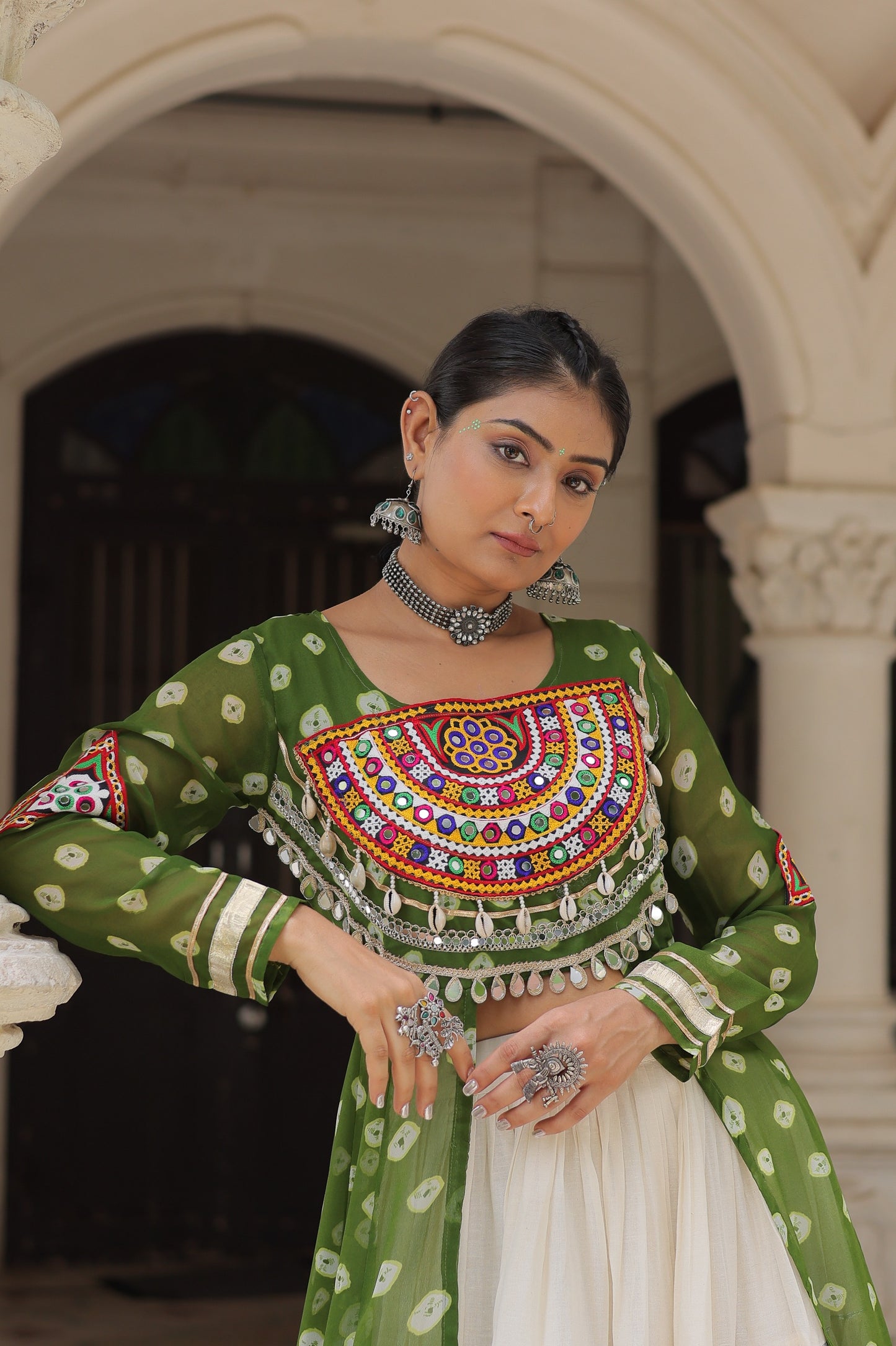 Green Bandhani Front-Slit Kurti and Off-White Lehenga Set in Germany