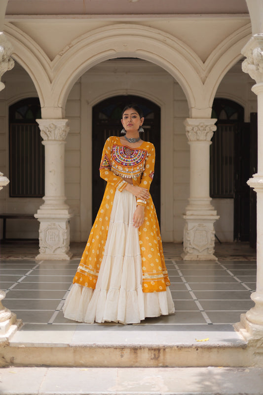 Yellow Bandhani Front-Slit Kurti and Off-White Lehenga Set in Germany