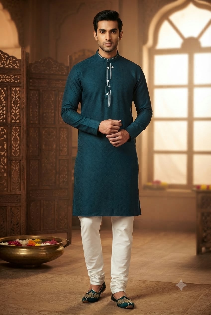 Elegant Men's Teal Green Embroidered Kurta Set in Berlin