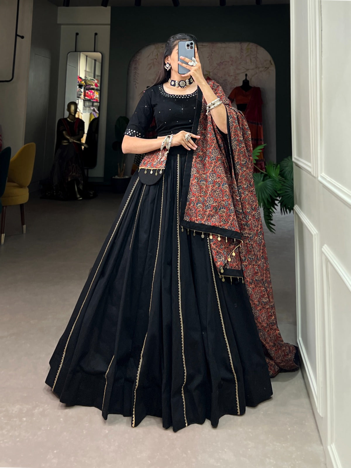 Elegant Black Cotton Navratri Lehenga Choli with Ajrakh Dupatta in Germany