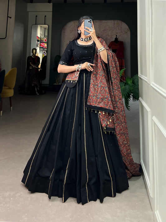 Elegant Black Cotton Navratri Lehenga Choli with Ajrakh Dupatta in Germany