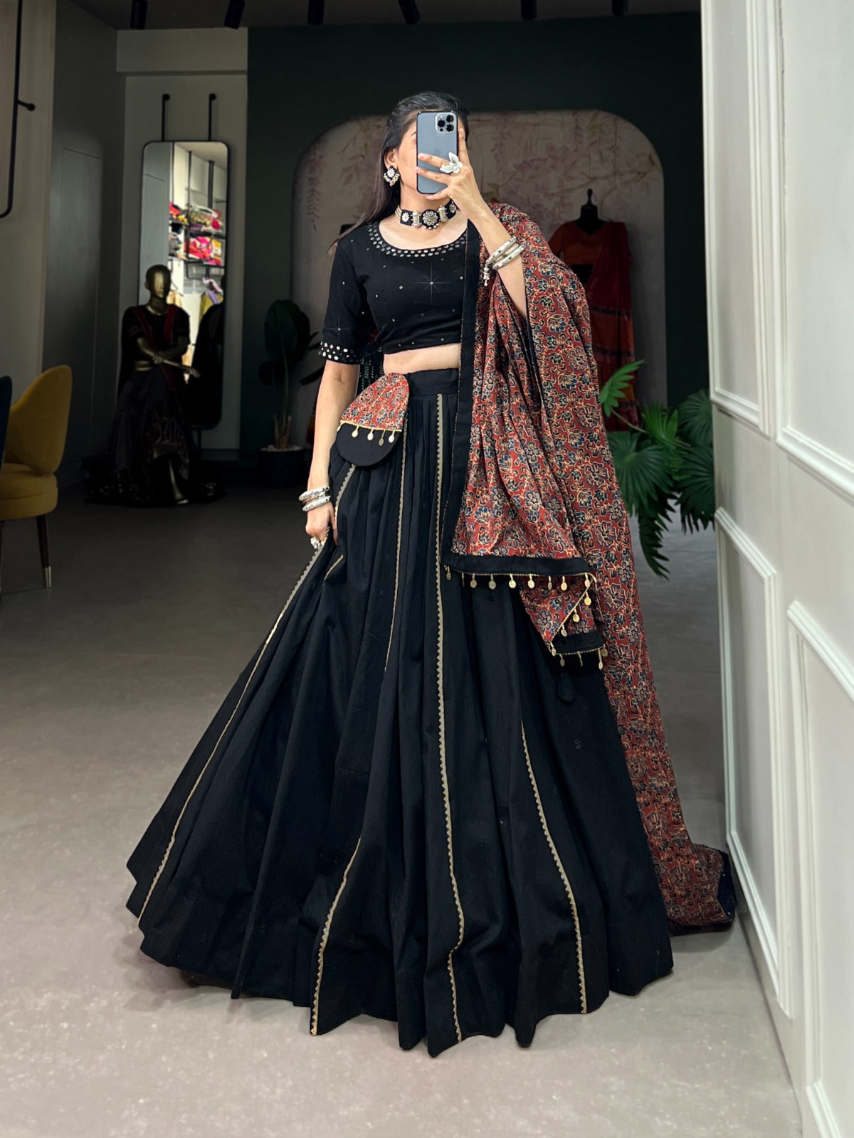 Elegant Black Cotton Navratri Lehenga Choli with Ajrakh Dupatta in Germany