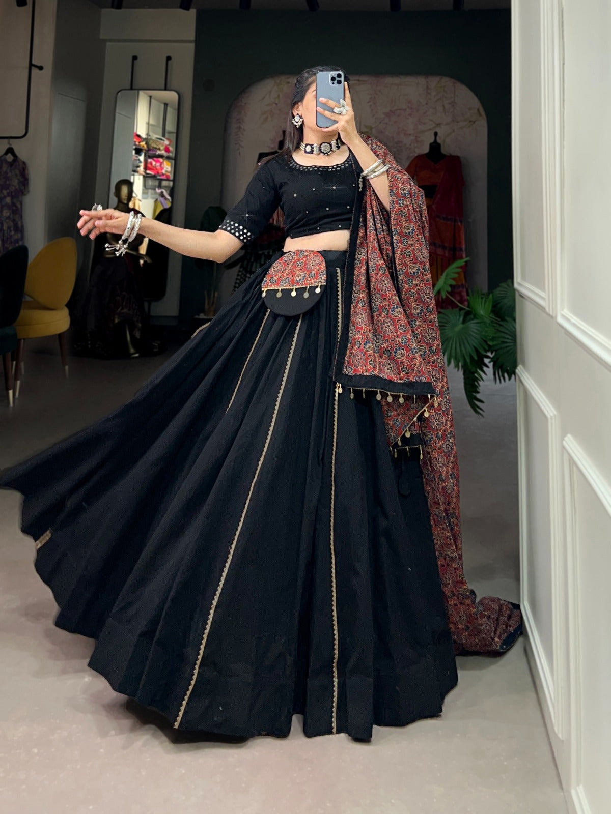 Elegant Black Cotton Navratri Lehenga Choli with Ajrakh Dupatta in Germany