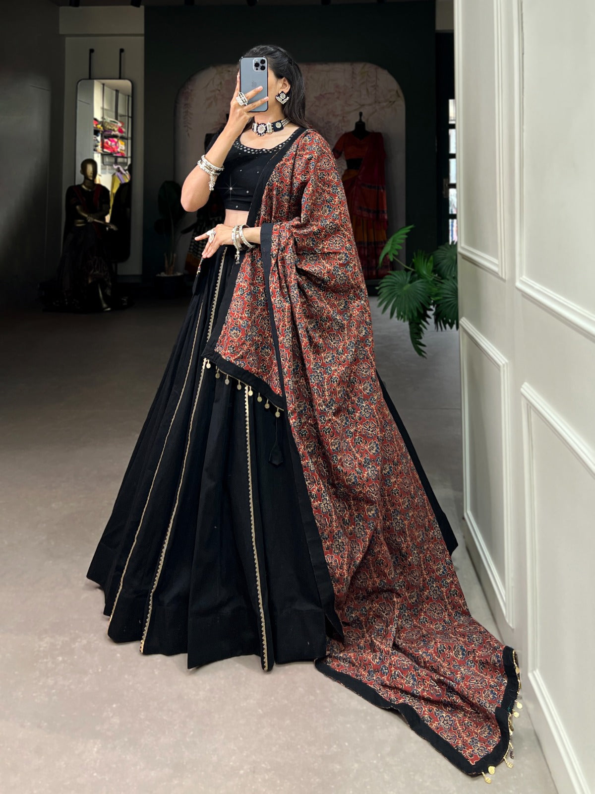 Elegant Black Cotton Navratri Lehenga Choli with Ajrakh Dupatta in Germany