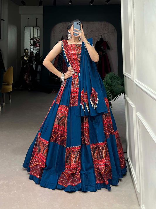 Traditional Blue & Red Printed Navratri Chaniya Choli Set in Germany