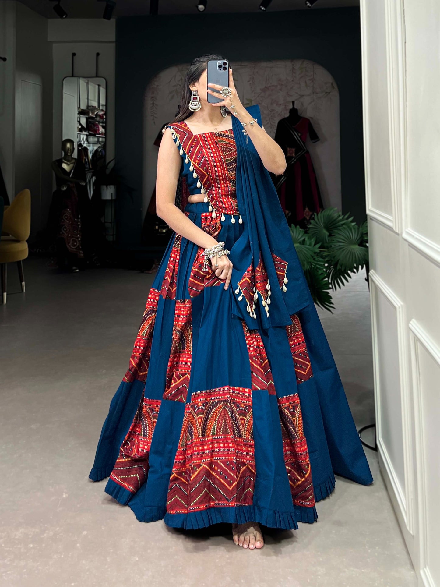 Traditional Blue & Red Printed Navratri Chaniya Choli Set in Germany