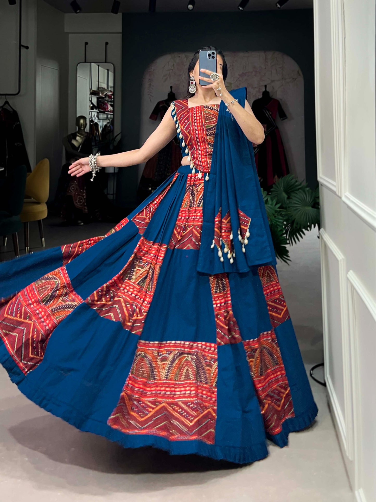 Traditional Blue & Red Printed Navratri Chaniya Choli Set in Germany
