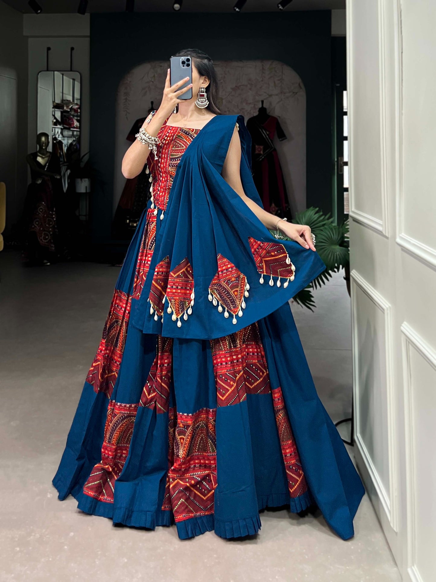 Traditional Blue & Red Printed Navratri Chaniya Choli Set in Germany