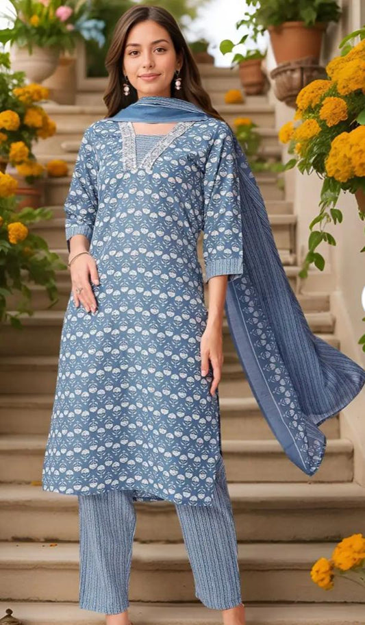 Floral Printed V-Neck Thread Work Pure Cotton Kurta With Trousers & Dupatta in Germany