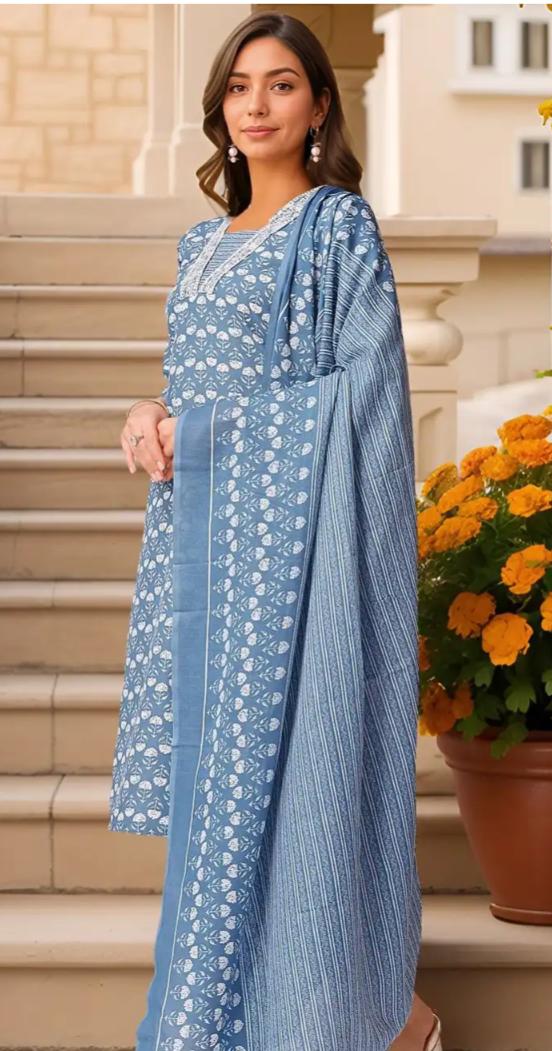 Floral Printed V-Neck Thread Work Pure Cotton Kurta With Trousers & Dupatta in Germany