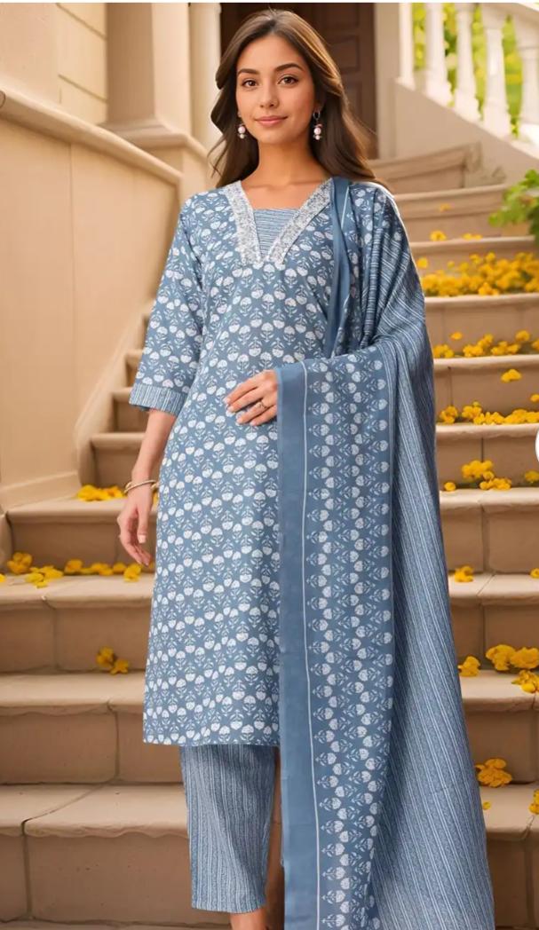 Floral Printed V-Neck Thread Work Pure Cotton Kurta With Trousers & Dupatta in Germany