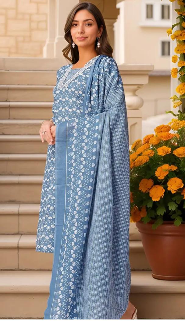 Floral Printed V-Neck Thread Work Pure Cotton Kurta With Trousers & Dupatta in Germany