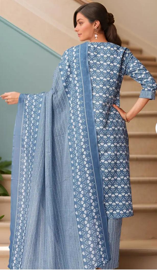 Floral Printed V-Neck Thread Work Pure Cotton Kurta With Trousers & Dupatta in Germany
