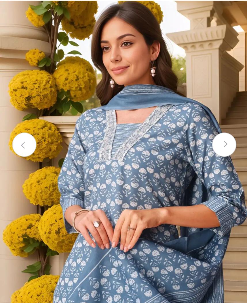 Floral Printed V-Neck Thread Work Pure Cotton Kurta With Trousers & Dupatta in Germany