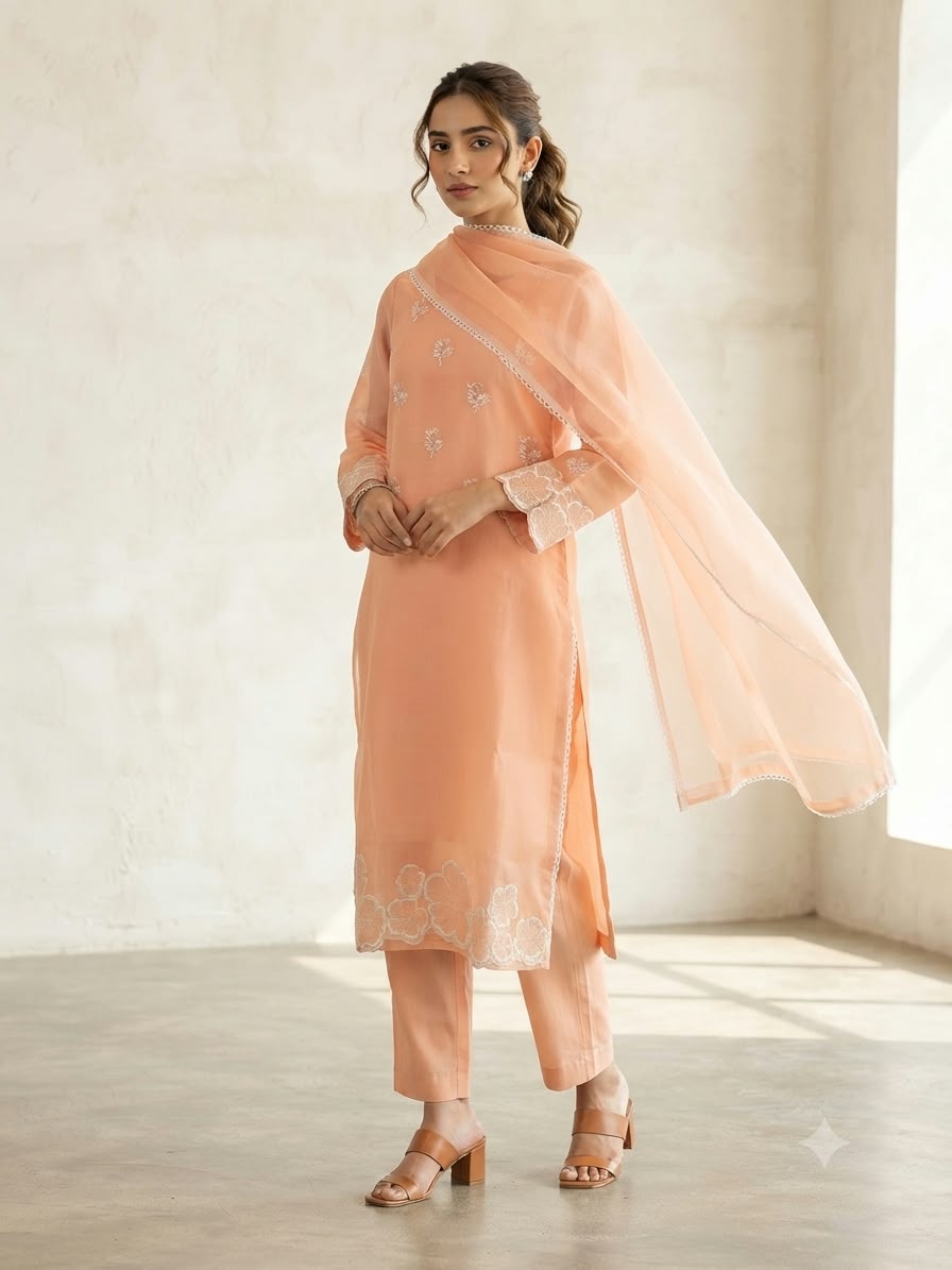 Peach Embroidered Organza Salwar Suit Set in Germany