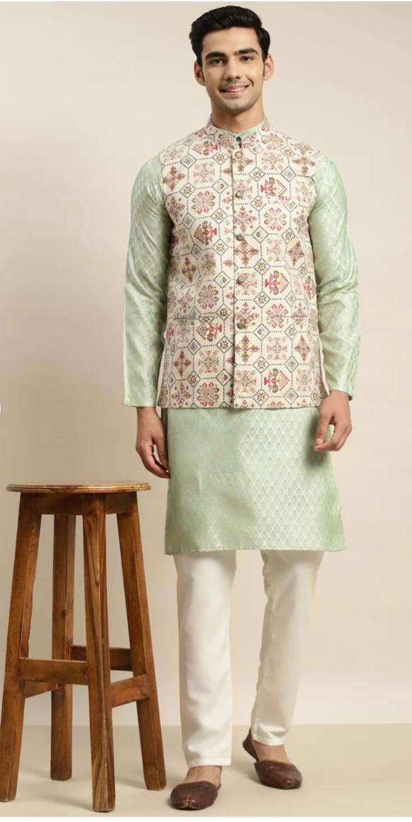 Men's Silk Blend Pista Green Kurta and Cream Pyjama With Cream Nehru Jacket in Germany