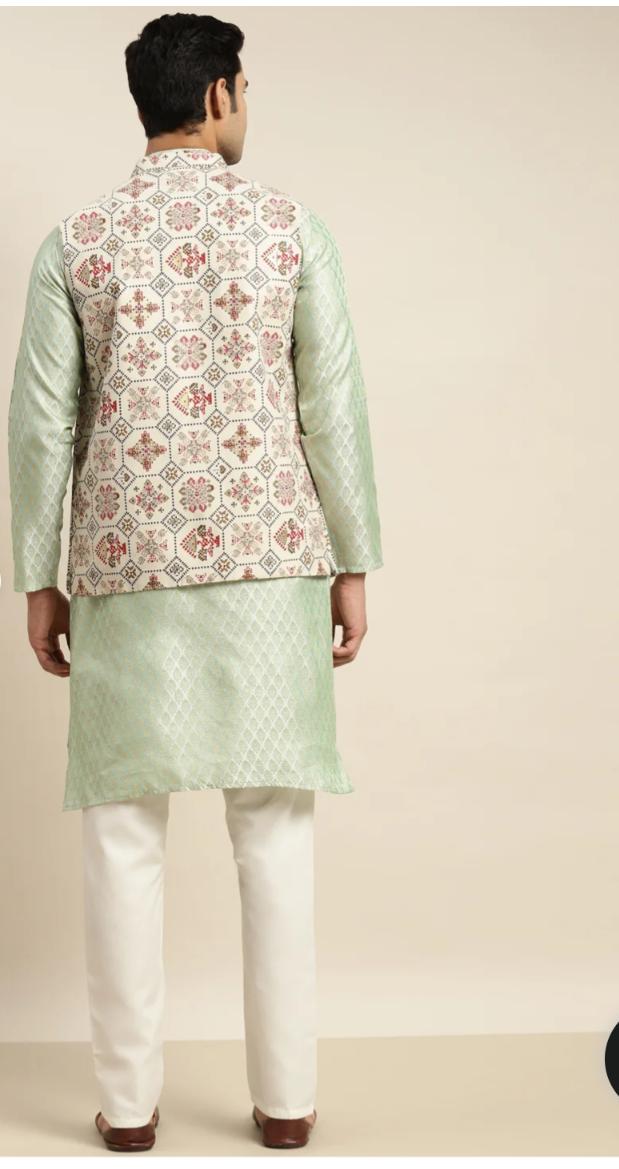 Men's Silk Blend Pista Green Kurta and Cream Pyjama With Cream Nehru Jacket in Germany