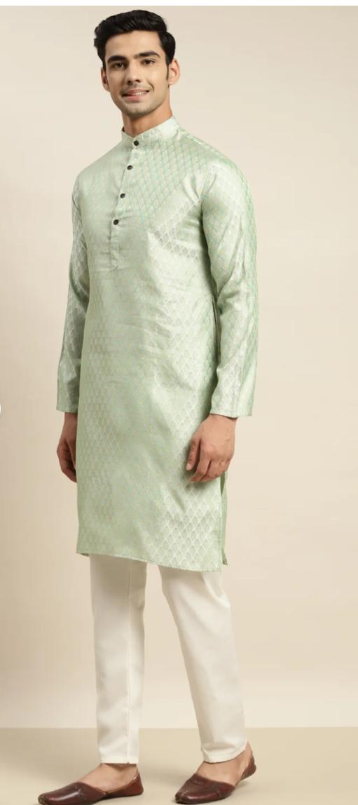 Men's Silk Blend Pista Green Kurta and Cream Pyjama With Cream Nehru Jacket in Germany