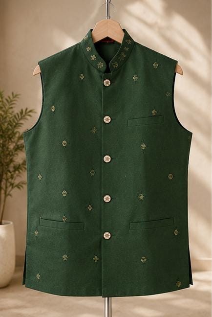 Men's Dark Green Embroidered Cotton Blend Nehru Jacket in Berlin