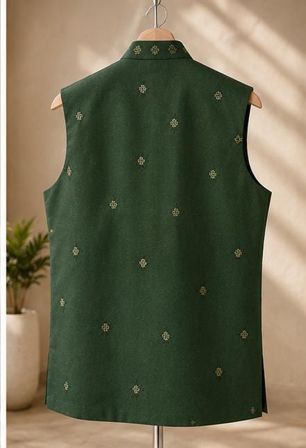 Men's Dark Green Embroidered Cotton Blend Nehru Jacket in Berlin