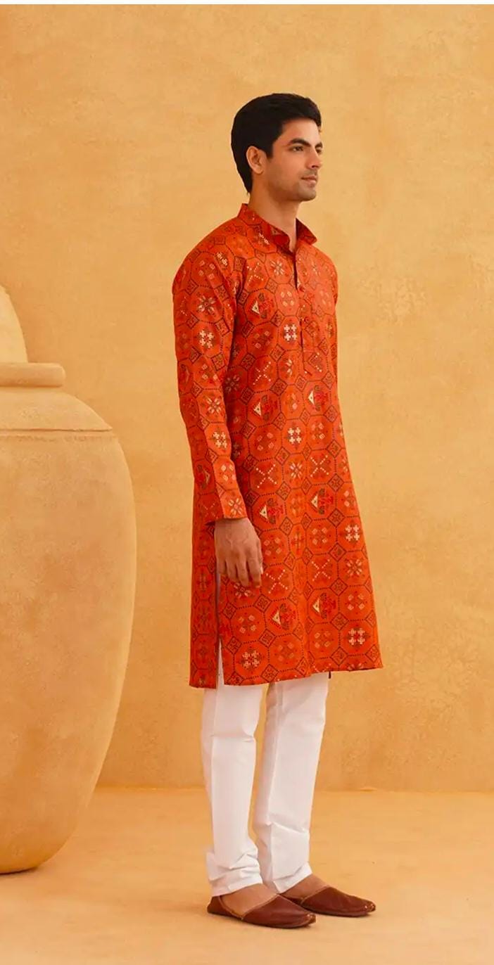 Men Orange Printed Cotton Linen Kurta with Churidar in Germany