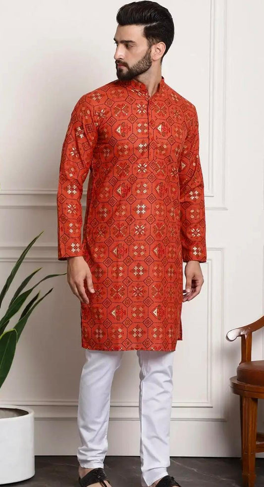Men Orange Printed Cotton Linen Kurta with Churidar in Germany