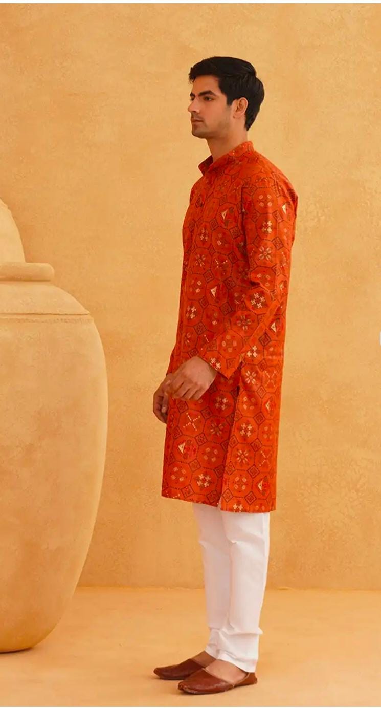 Men Orange Printed Cotton Linen Kurta with Churidar in Germany