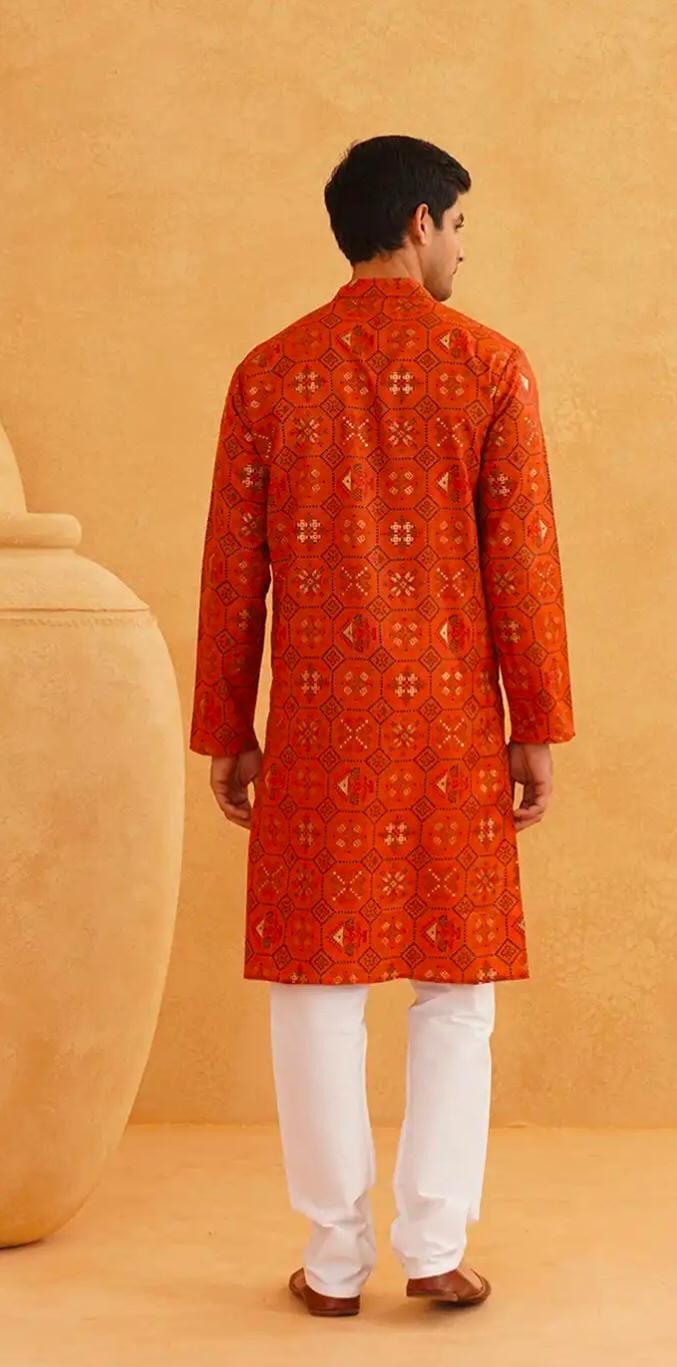 Men Orange Printed Cotton Linen Kurta with Churidar in Germany