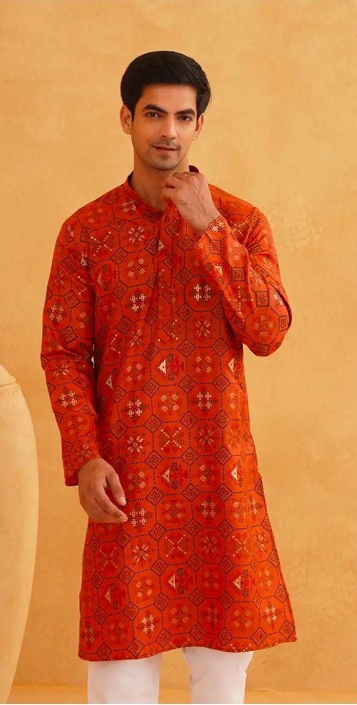 Men Orange Printed Cotton Linen Kurta with Churidar in Germany