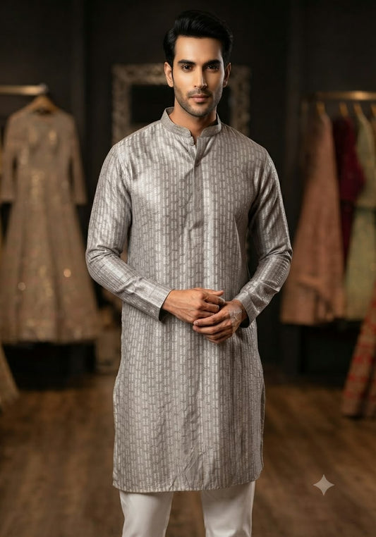 Grey Silk Blend Geometric Woven Design Straight Kurta and pent in Germany