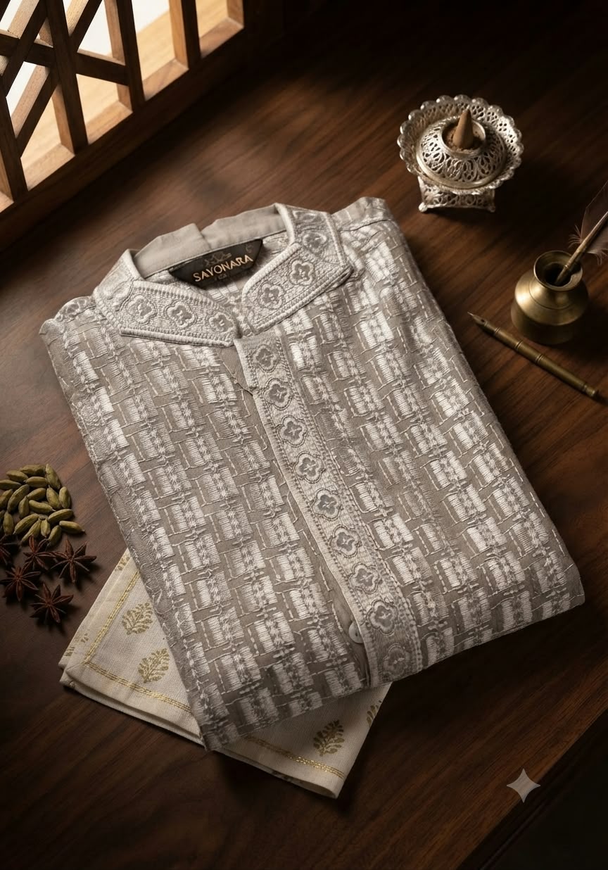 Grey Silk Blend Geometric Woven Design Straight Kurta and pent in Germany