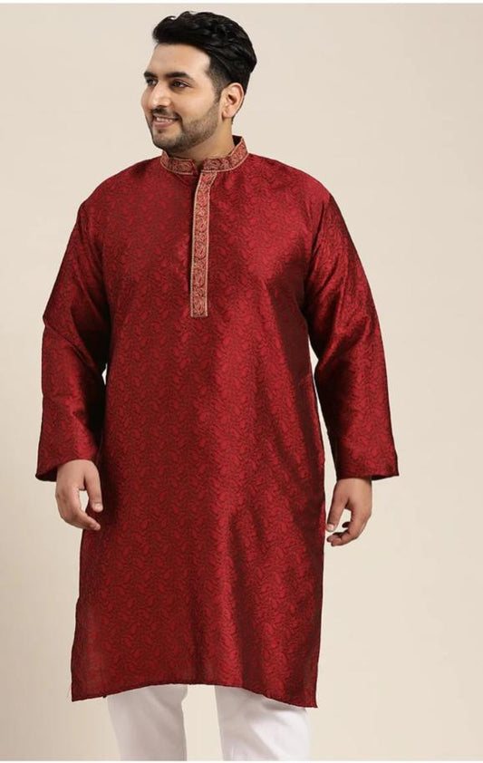 Men's Silk Blend Maroon Self Design Kurta and Pent in Germany