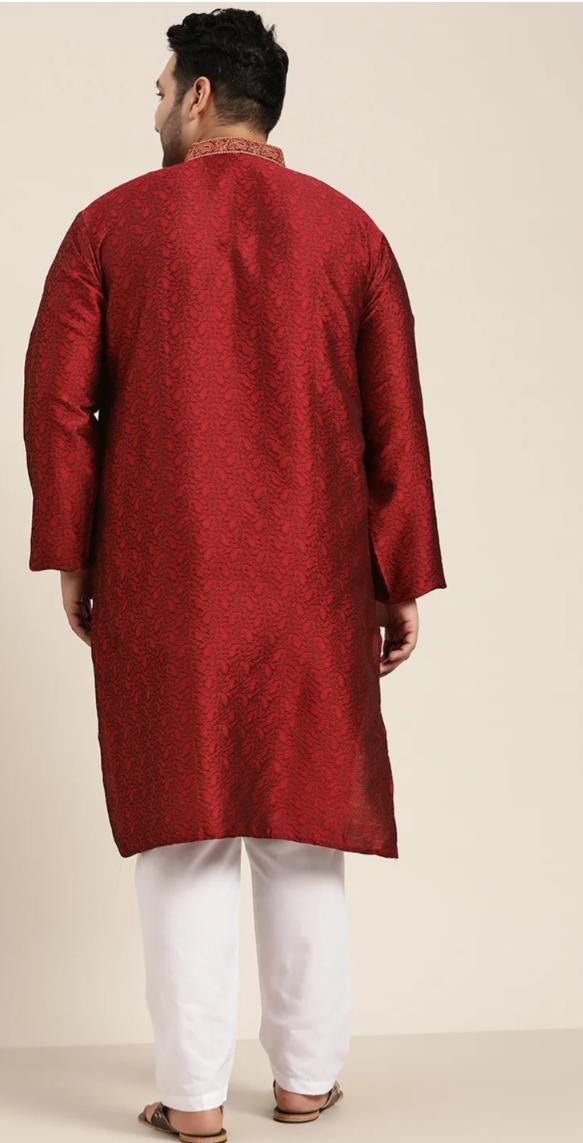 Men's Silk Blend Maroon Self Design Kurta and Pent in Germany