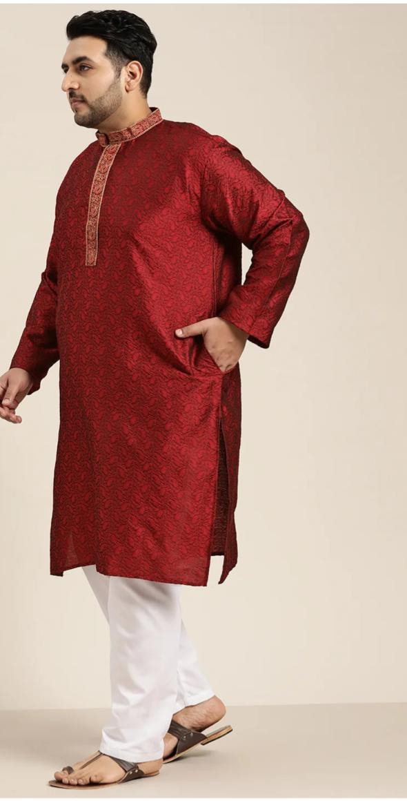 Men's Silk Blend Maroon Self Design Kurta and Pent in Germany