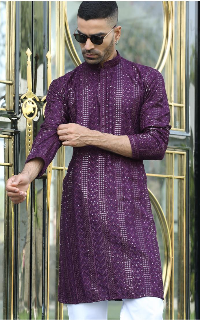 Silk Rayon Embroidered Sequinned Purple Kurta and Pyjama in Germany
