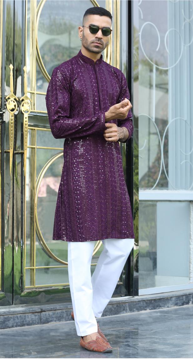 Silk Rayon Embroidered Sequinned Purple Kurta and Pyjama in Germany