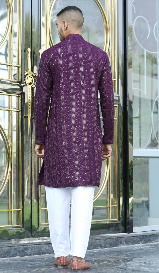 Silk Rayon Embroidered Sequinned Purple Kurta and Pyjama in Germany