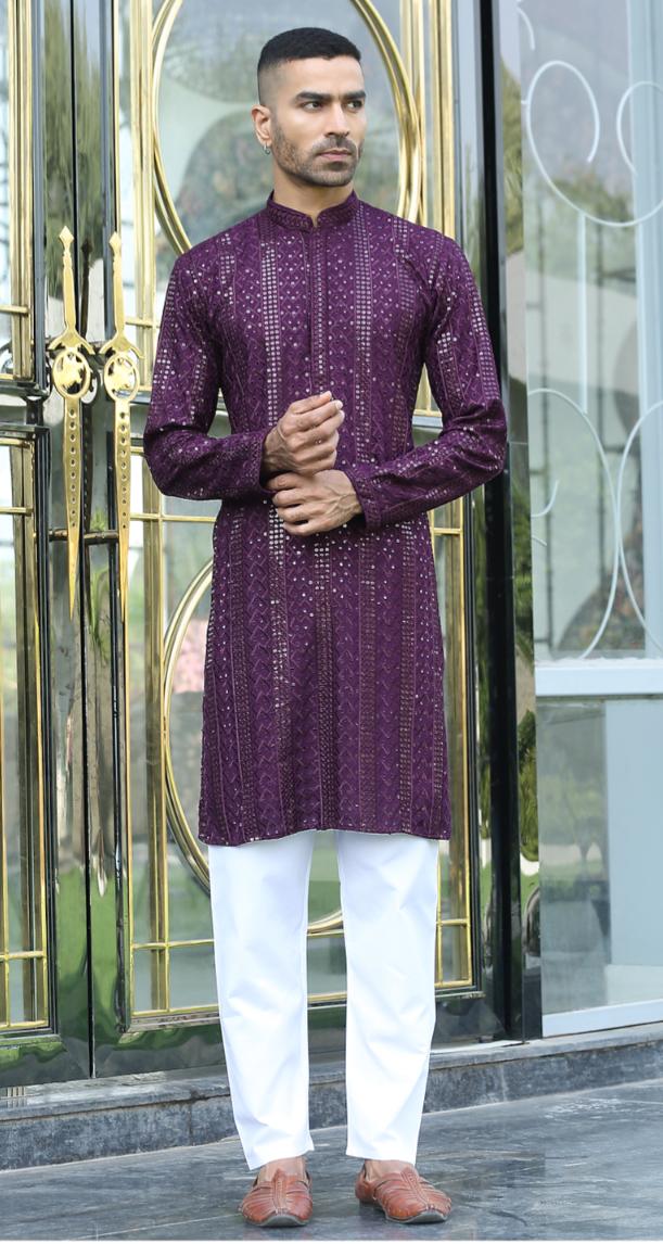 Silk Rayon Embroidered Sequinned Purple Kurta and Pyjama in Germany