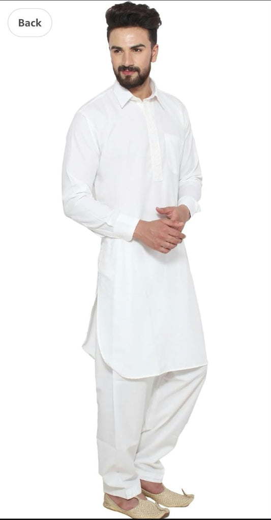 Men's White Cotton Blend Pathani Kurta Salwar in Germany