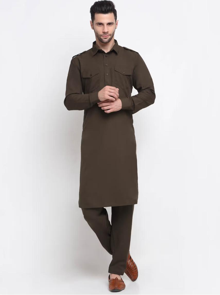 Men Cotton Brown Pathani Kurta with Trousers in Germany