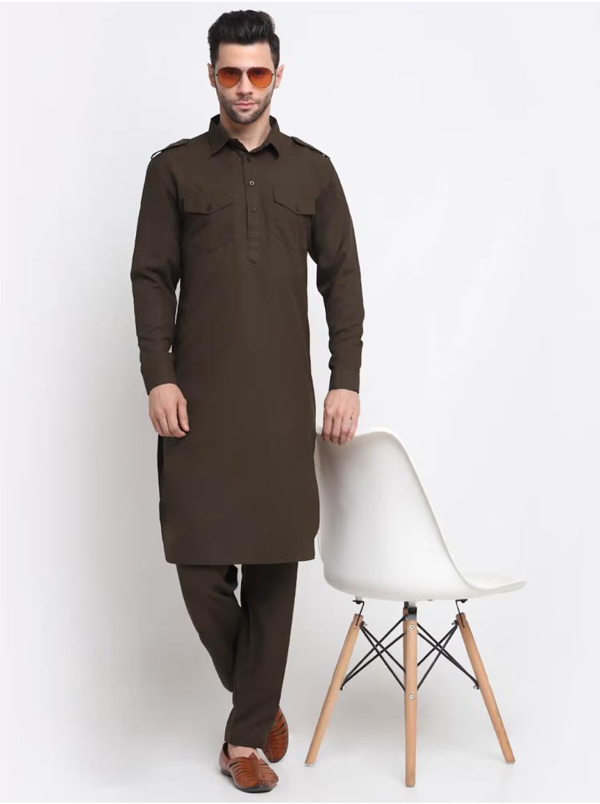 Men Cotton Brown Pathani Kurta with Trousers in Germany