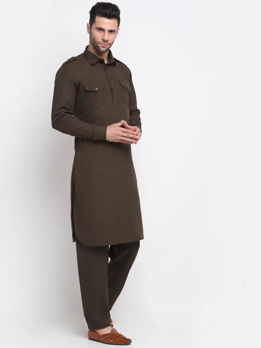 Men Cotton Brown Pathani Kurta with Trousers in Germany