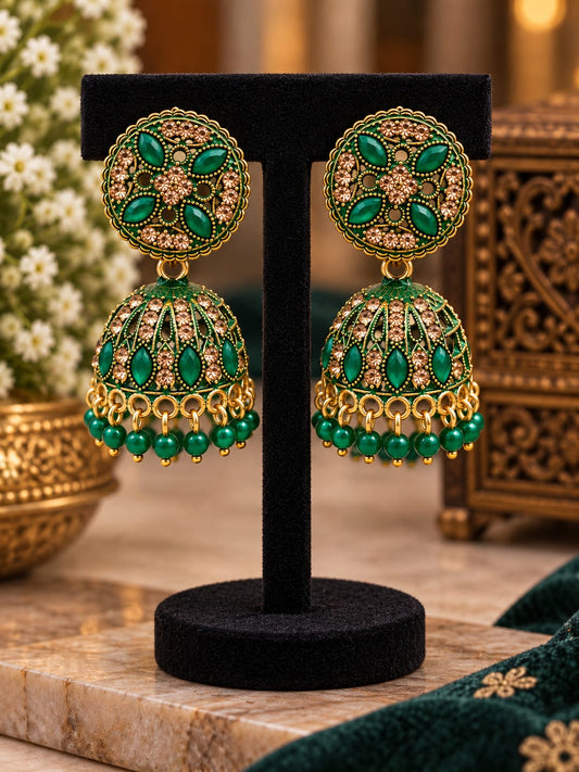 Antique Gold Plated Green Floral Jhumka Earrings in Germany