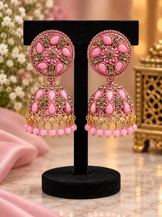 Elegant Gold-Plated Pink Floral Jhumka Earrings with Teardrop Stones in Germany