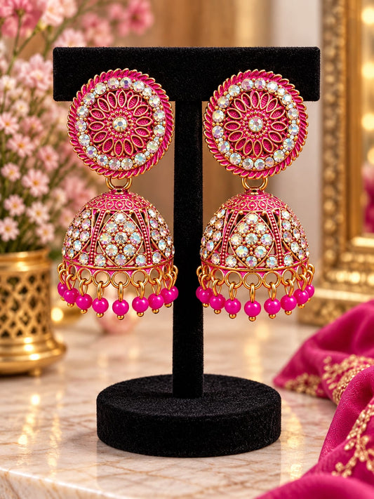 Traditional Antique Gold-Plated Jhumka Earrings with Iridescent Crystals and Pink Bead Drops in Germany
