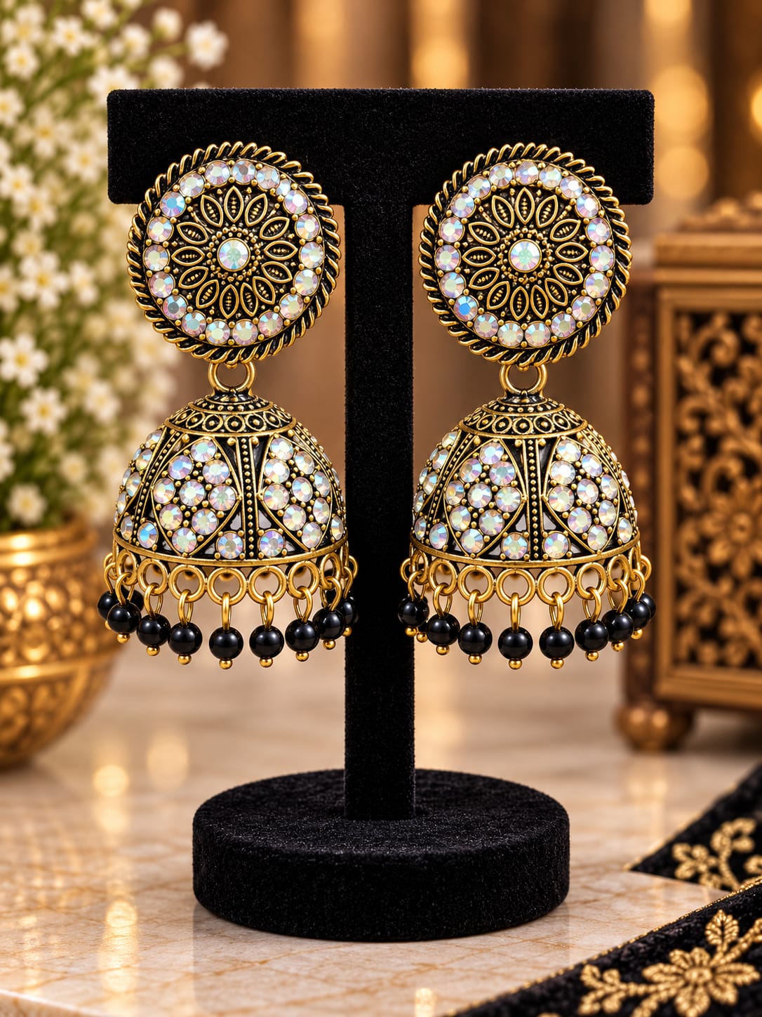 Antique Gold Jhumka Earrings with Aurora Borealis (AB) Crystals and Black Beads in Germany