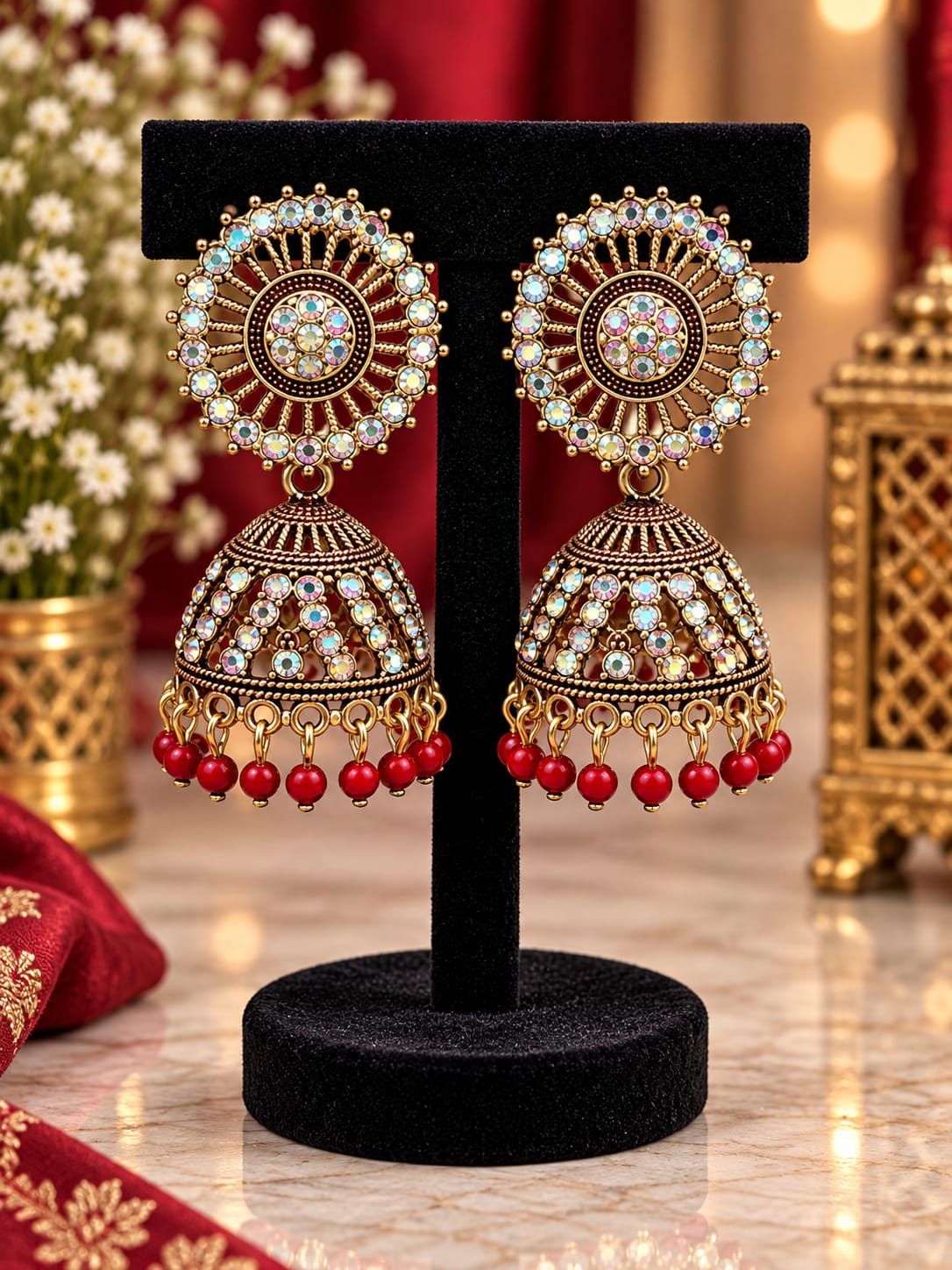Traditional Antique Gold-Plated Jhumka Earrings with Aurora Borealis Crystals and Red Beads in Germany