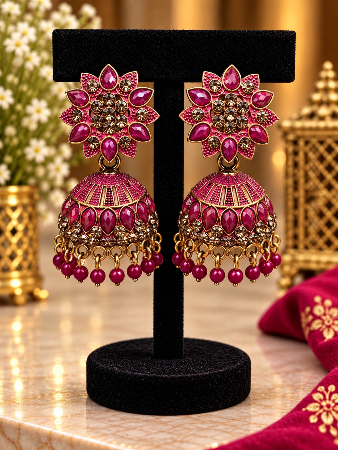 Traditional Pink and Gold Meenakari Jhumka Earrings in Germany