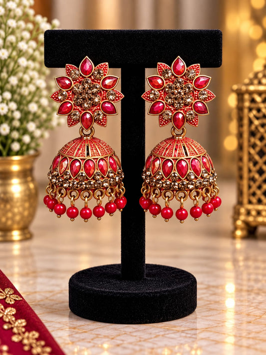 Traditional Red and Gold Meenakari Jhumka Earrings in Germany