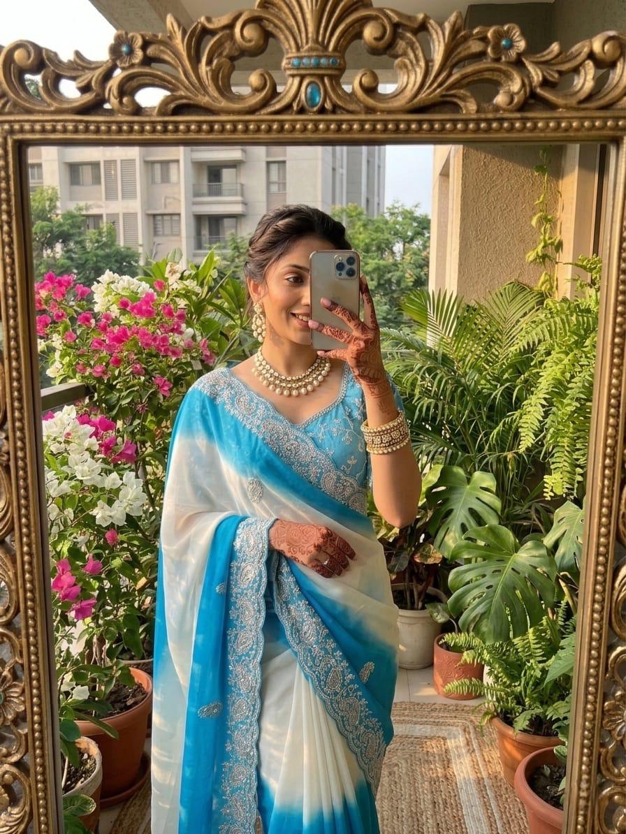 Elegant Sky Blue and White Shaded Ombré Saree with Ornate Borders and Stitched blouse in Germany